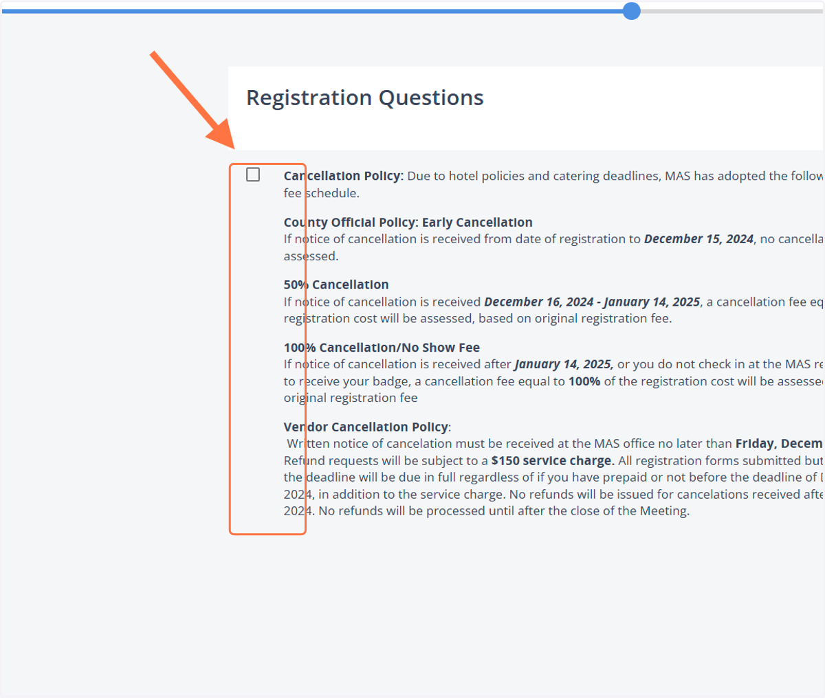 Click the checkbox to confirm you acknowledge and accept the cancellation policy