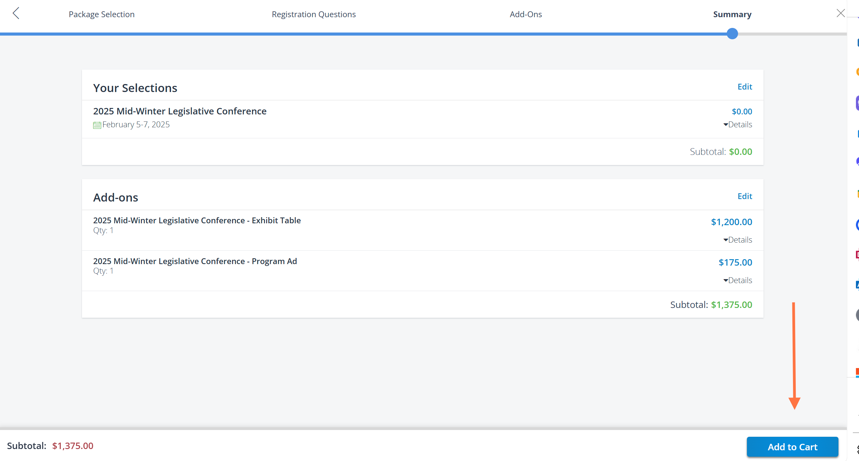 On this page you will see a summary of your registration selections. Click "Add to Cart"