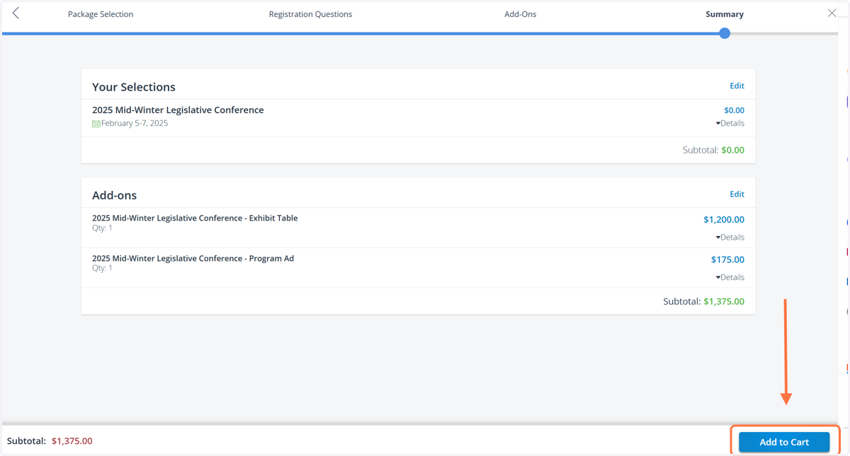 On this page you will see a summary of your registration selections. Click "Add to Cart"