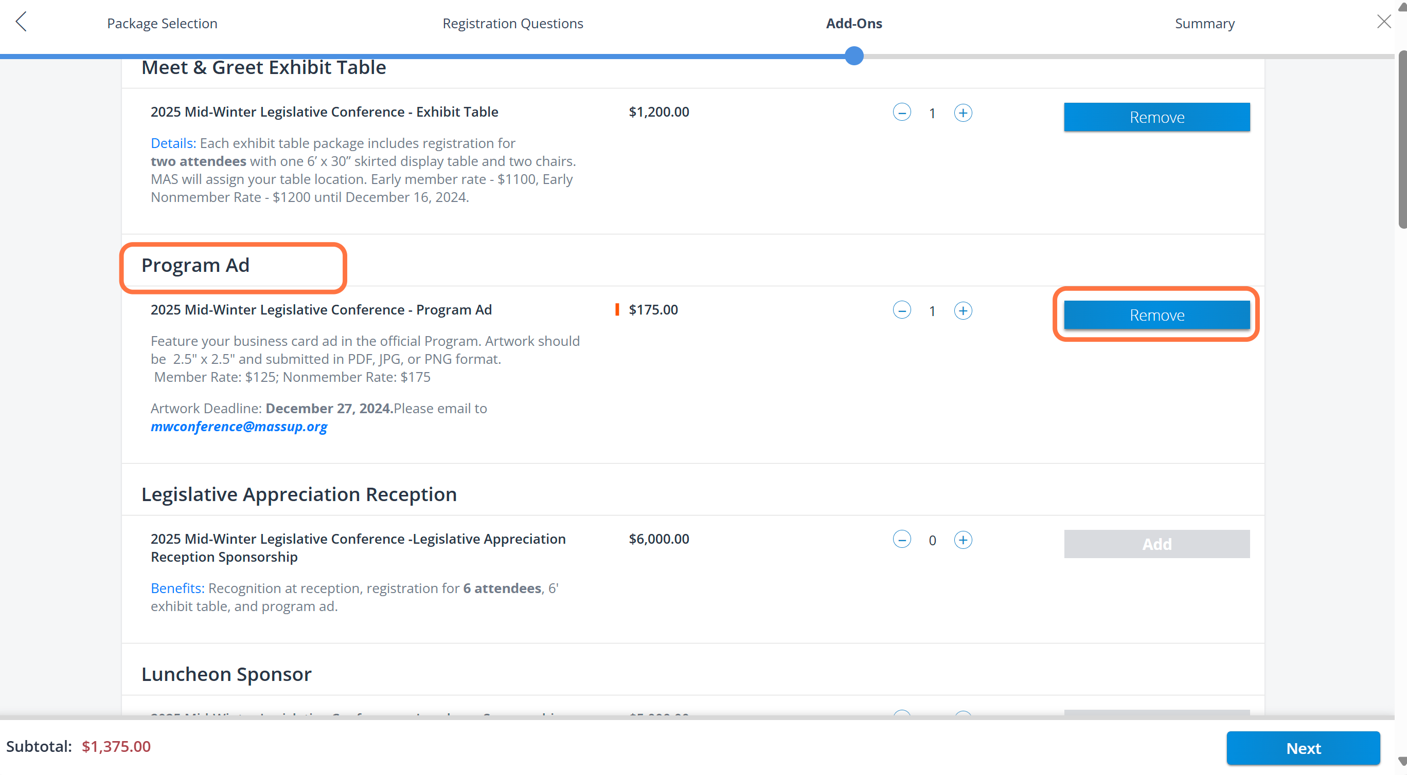 Repeat this process if you wish to add additional add-ons such as program ad, sponsorship, etc.