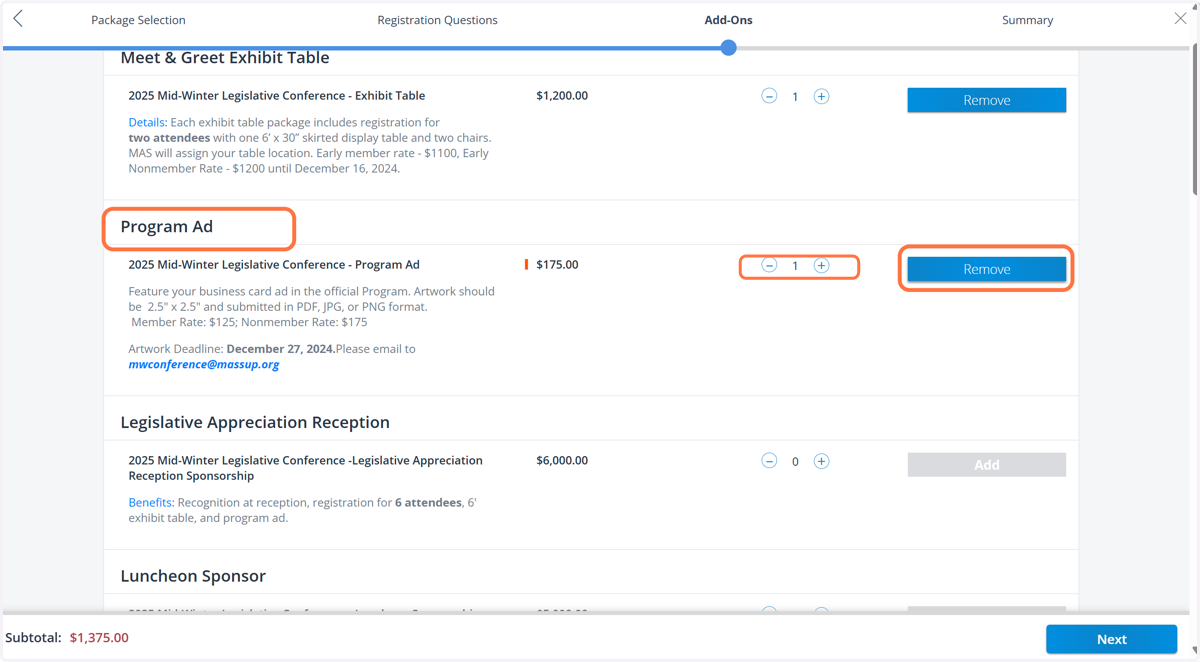 Repeat this process if you wish to add additional add-ons such as program ad, sponsorship, etc.