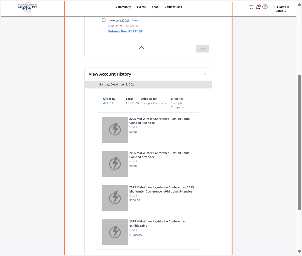 View of "Account History"tr5e