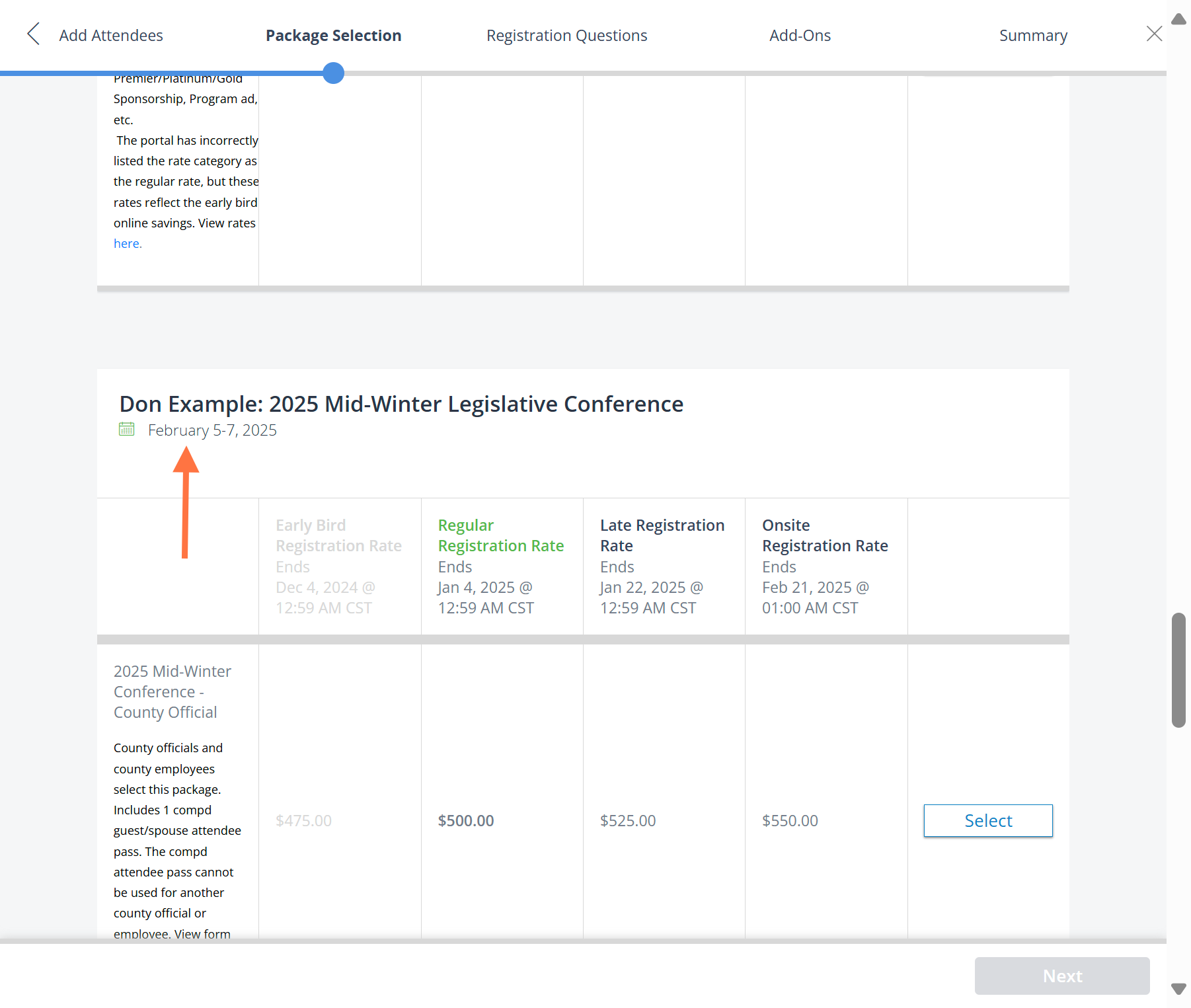 You can continue scrolling to see your additional attendees: Image below is of third attendee "Don Example"