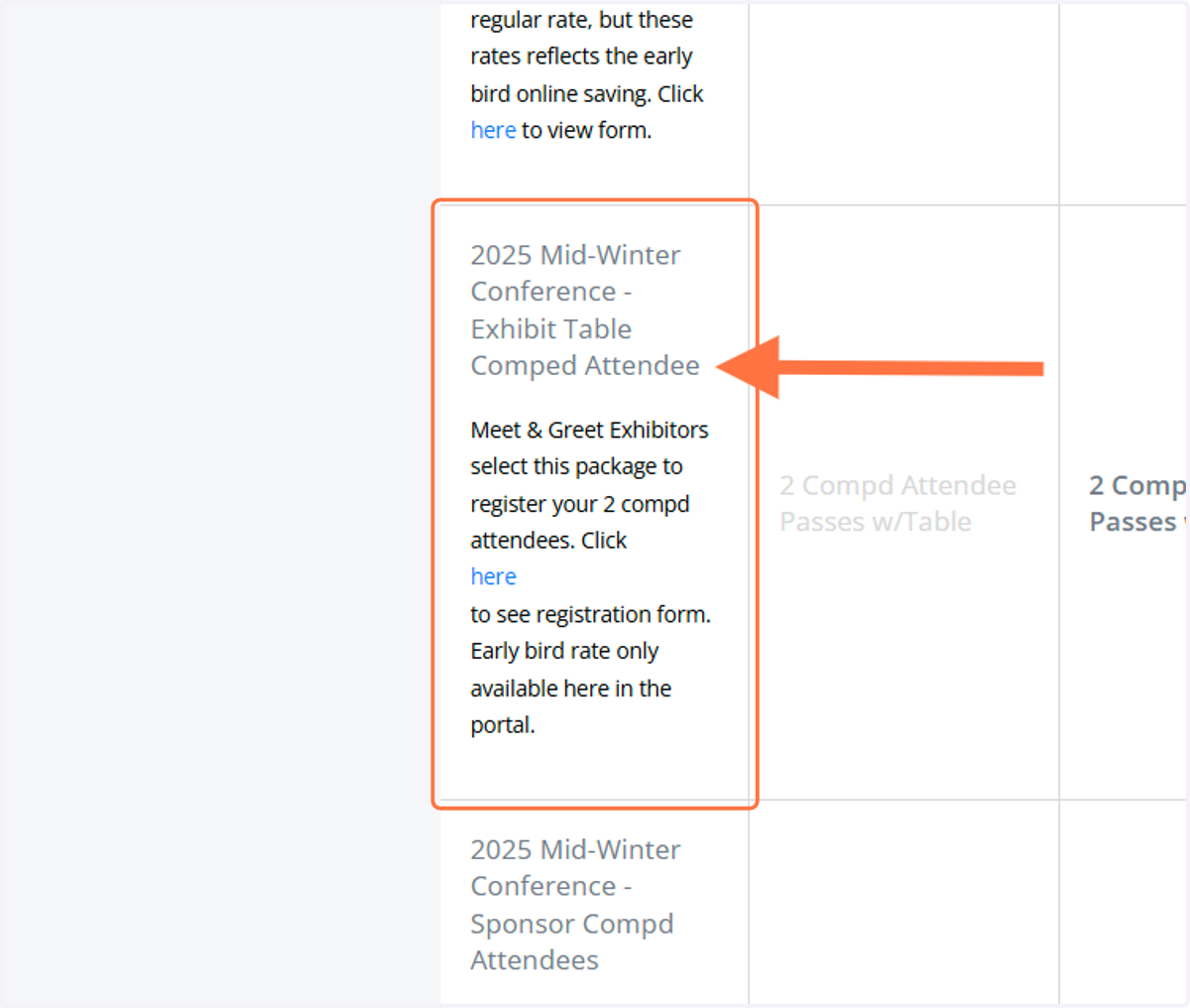 In this example, the company named "Example Company" intends on purchasing a meet and greet table, so we are registering the first attendee "Jane Example" with the first of two compd attendee passes included with the exhibit table.