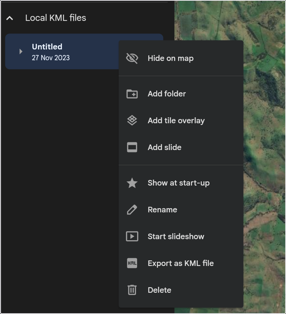 Now your project will show up in the left panel under "Local KML files". You can click on the three dots on your project, then "Export as KML file" to download it.