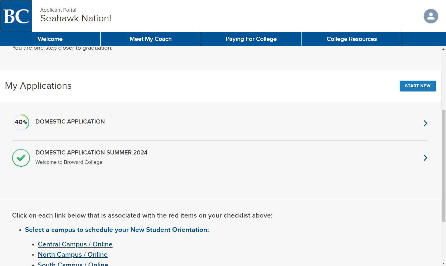 Click on Domestic Application that has the green check mark and application term