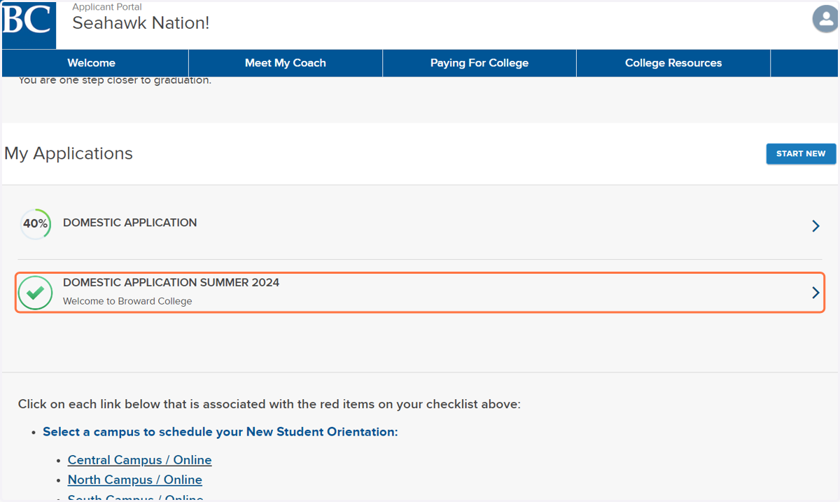 Click on Domestic Application that has the green check mark and application term