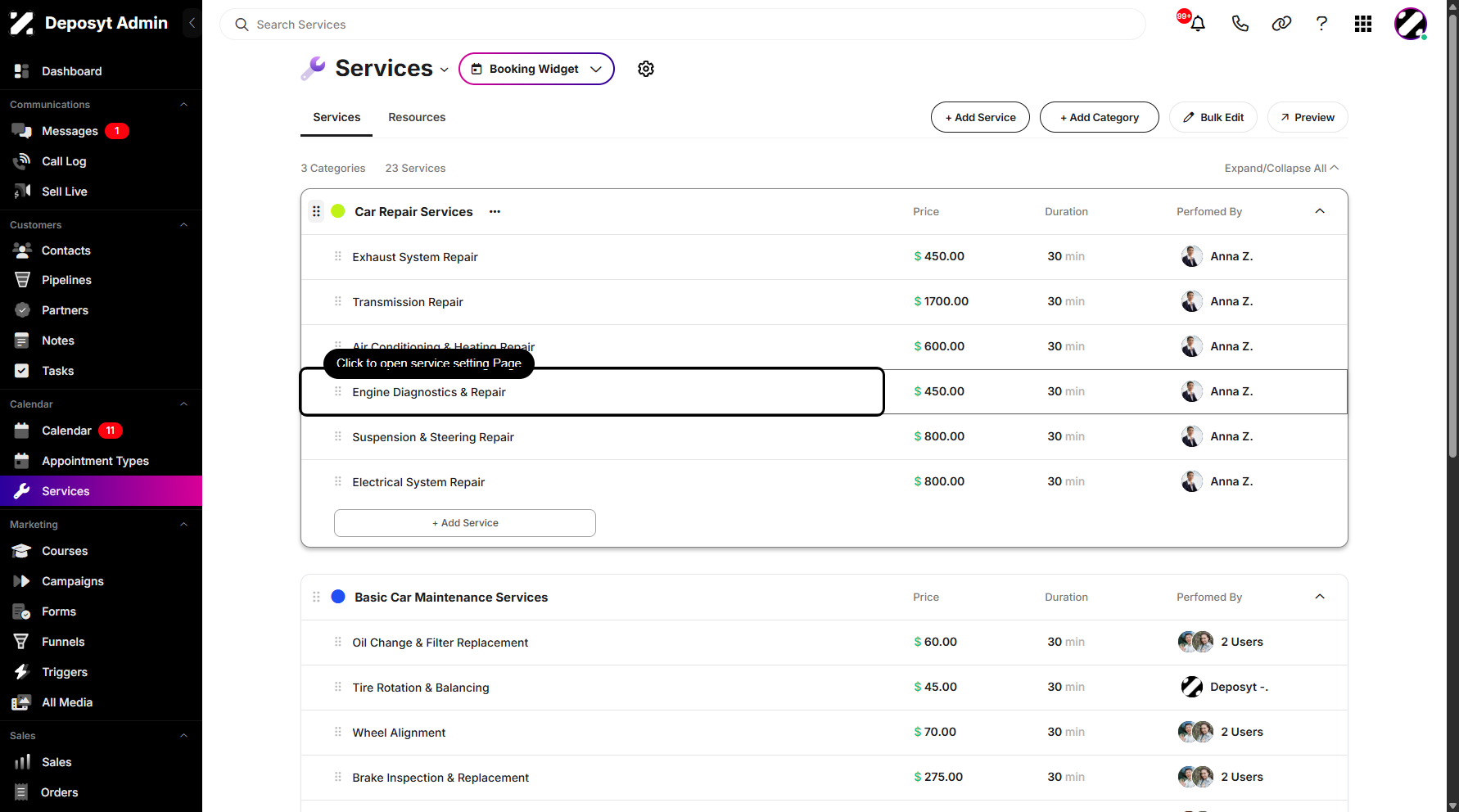 Step 3: Click any service from the services list to navigate.