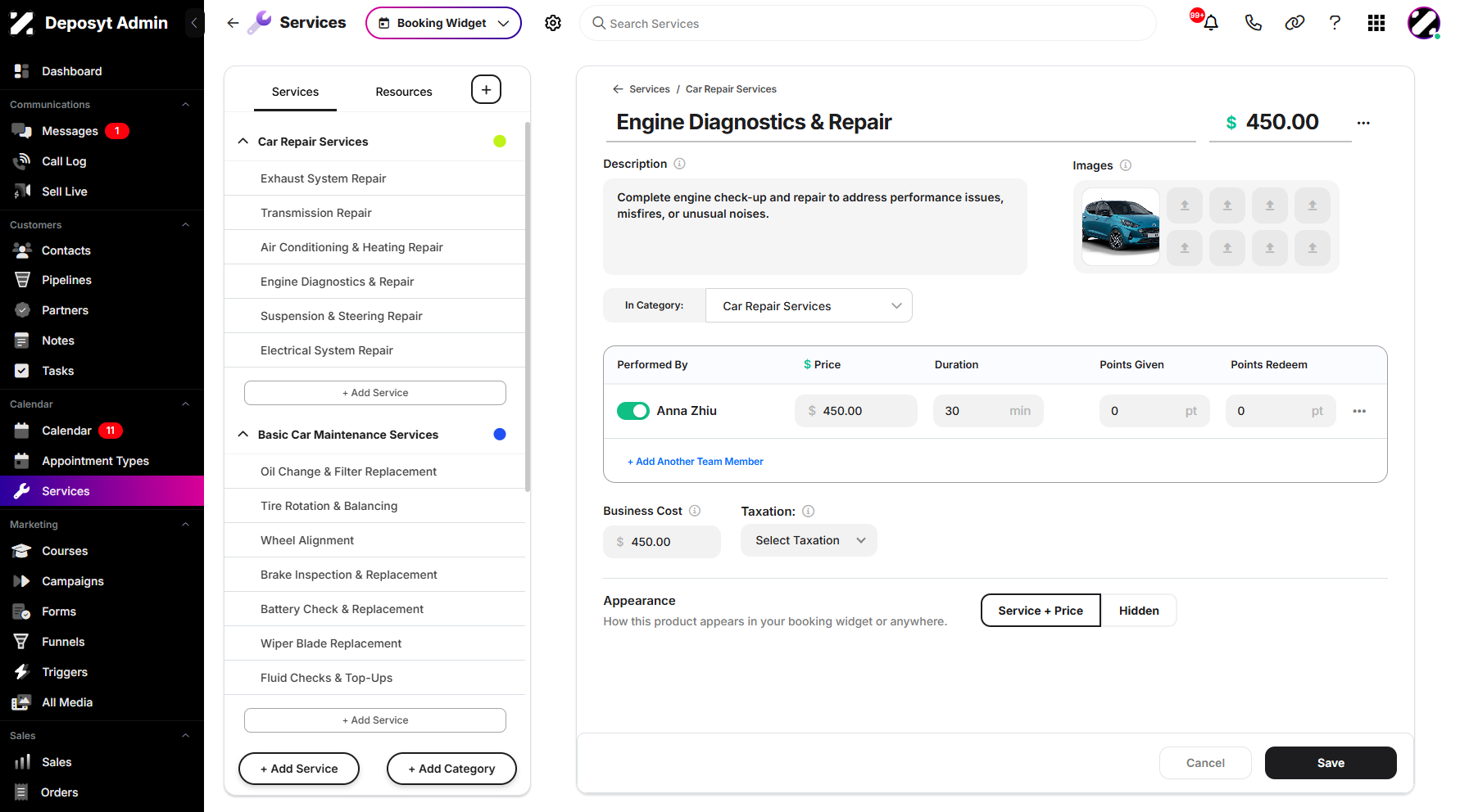 Step 7: You can use the 'In Category' dropdown to assign the service to a different category.