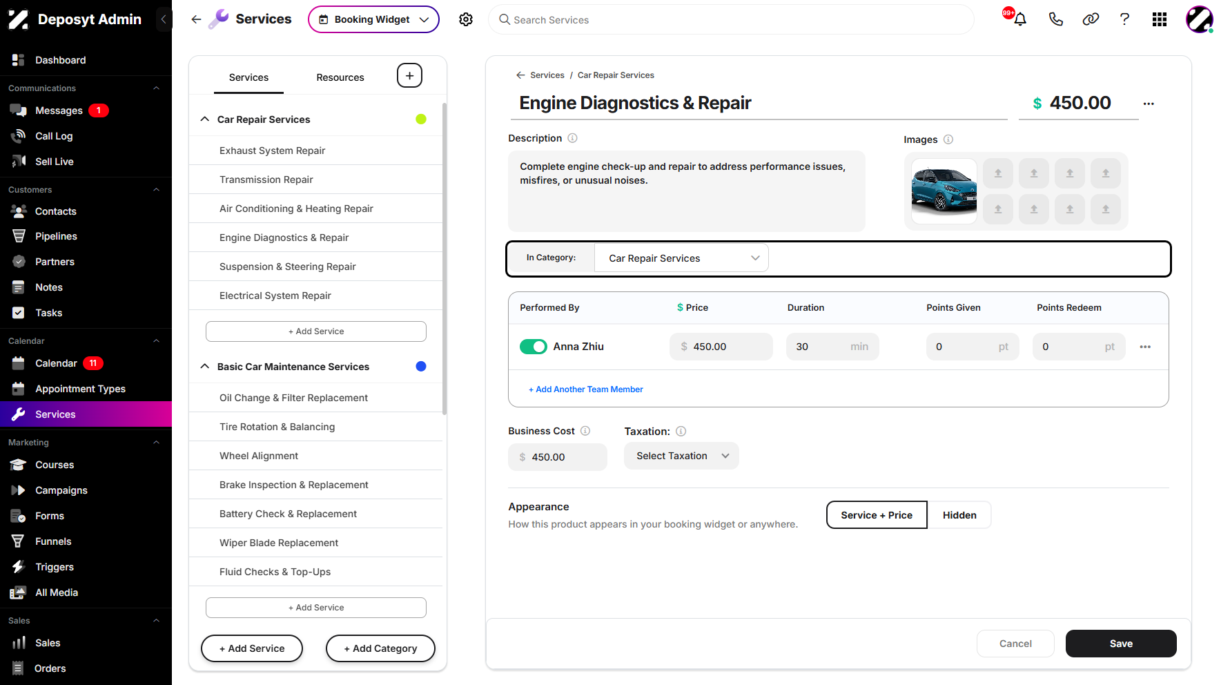 Step 7: You can use the 'In Category' dropdown to assign the service to a different category.