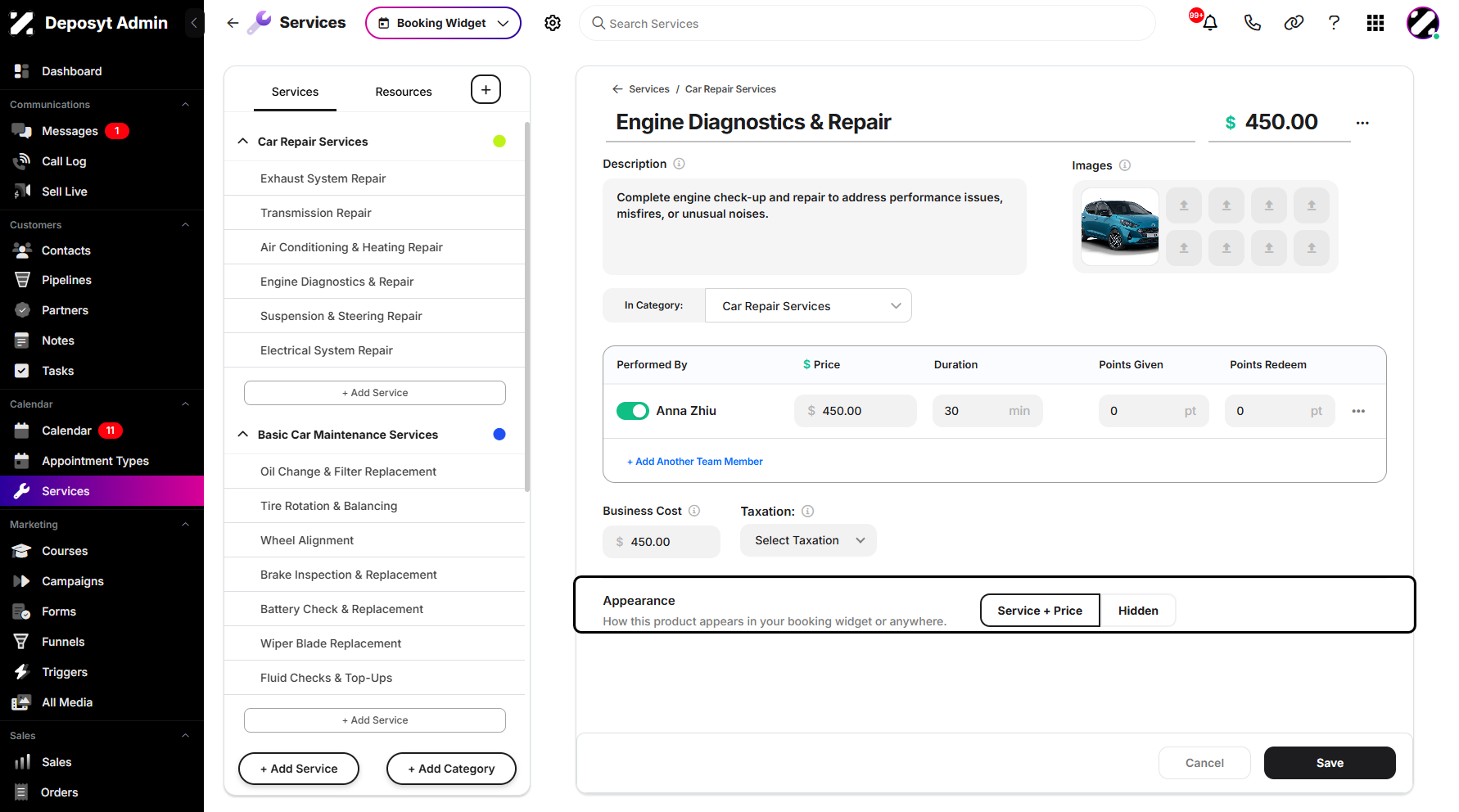 Step 10: The Appearance section lets you control the visibility of the service and its price.
