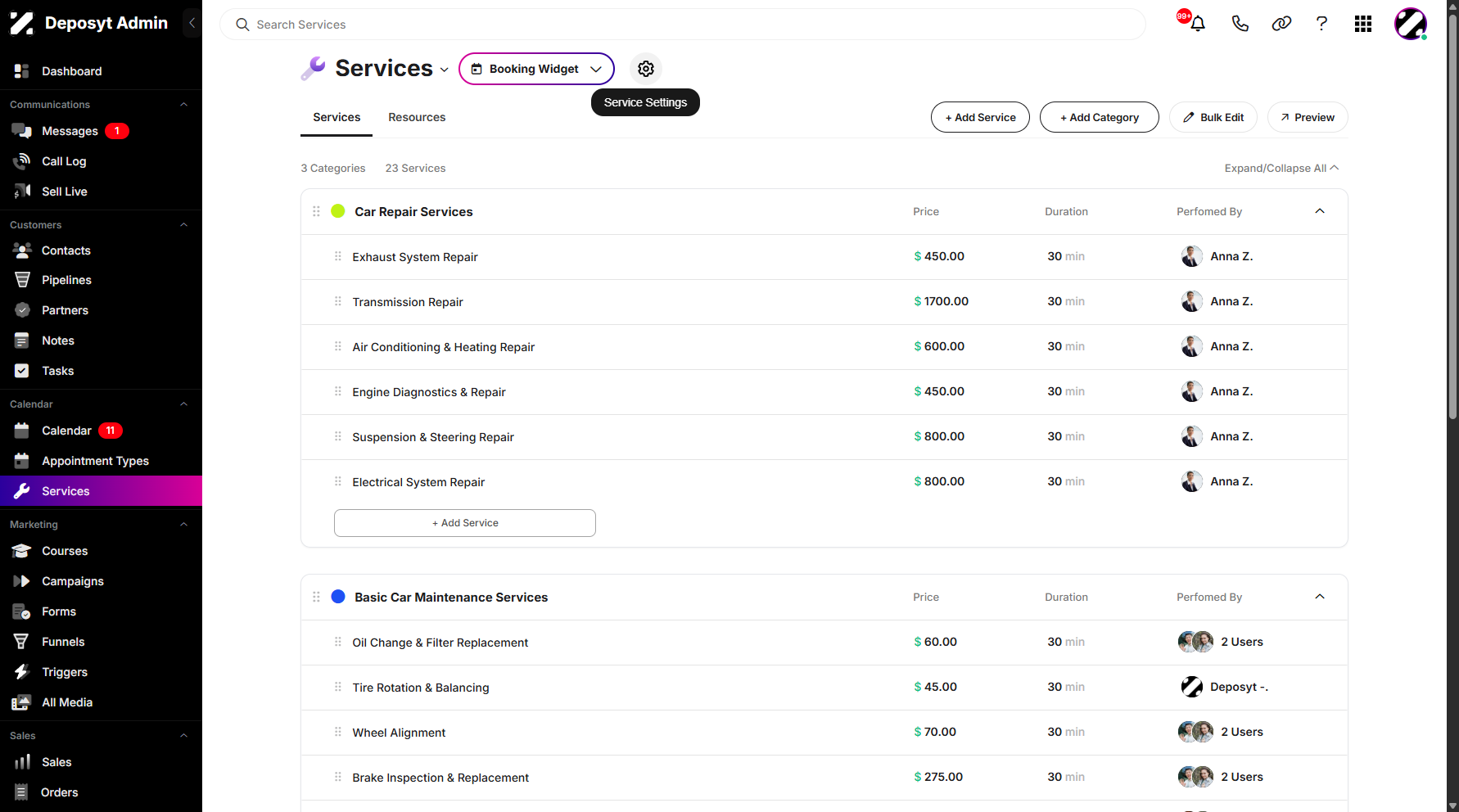 Step 3: Click on the Service Settings next to the Booking Widget dropdown menu.