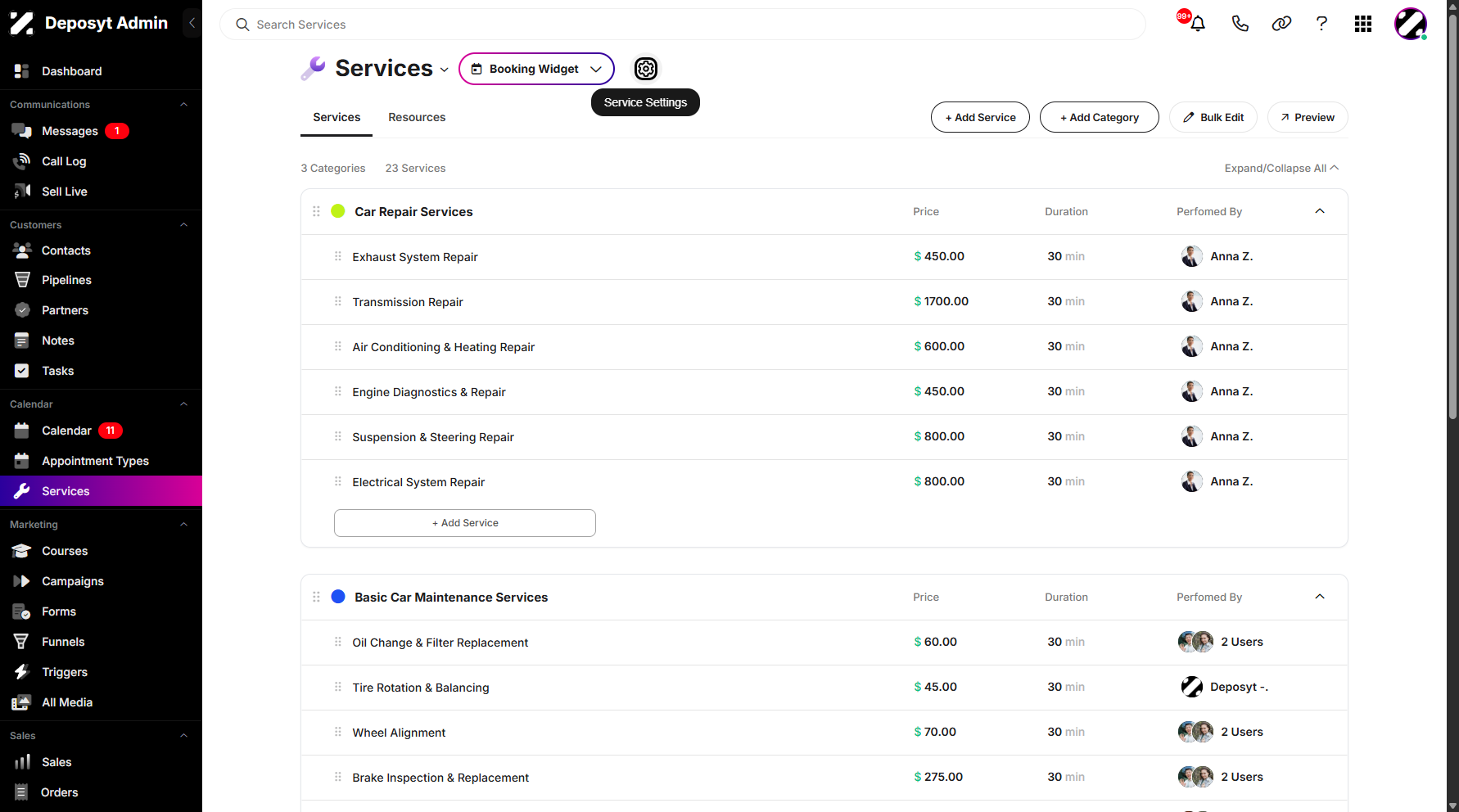 Step 3: Click on the Service Settings next to the Booking Widget dropdown menu.