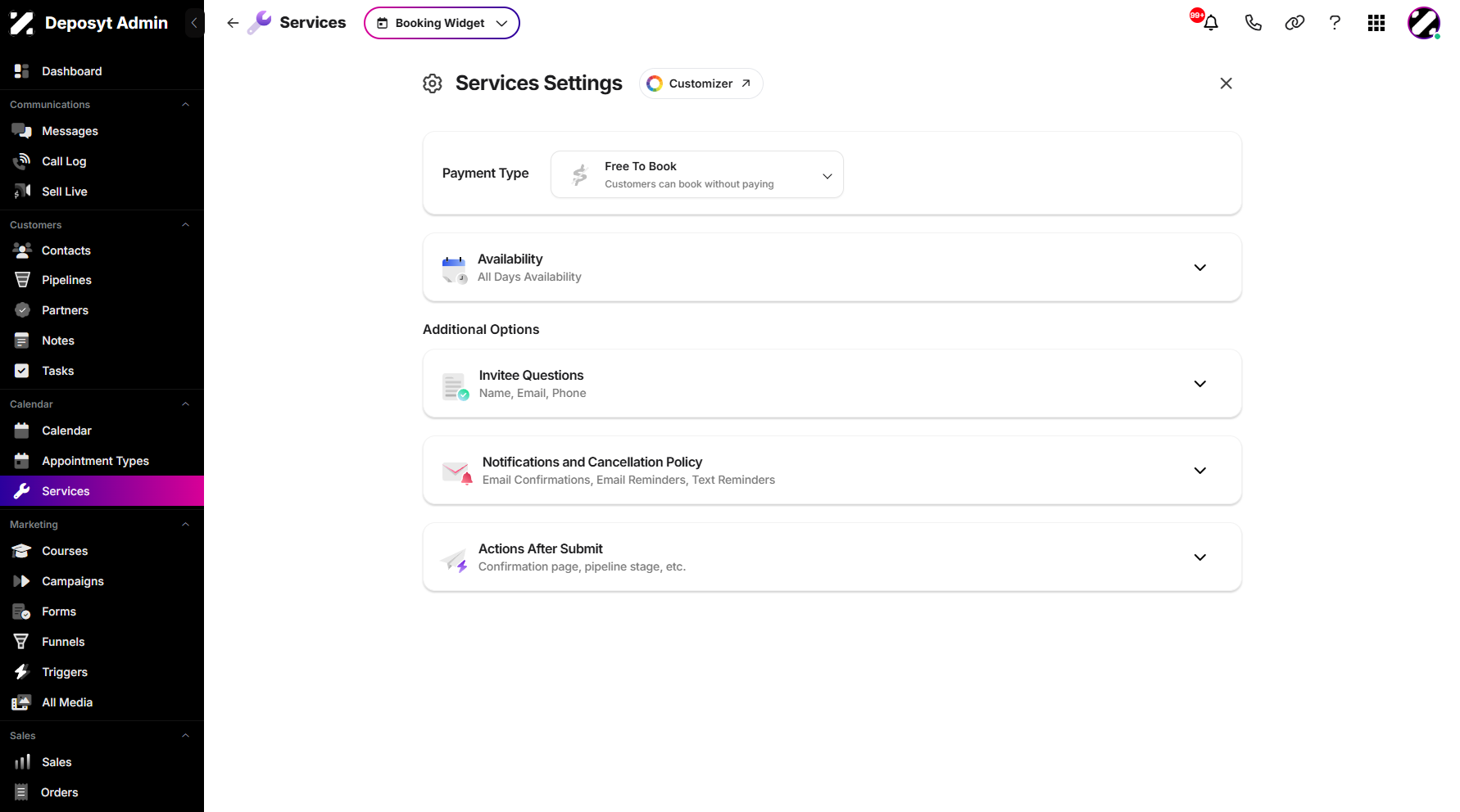 Step 4: "You will then be taken to the Services Settings section. Here, users can configure service availability, notifications, and trigger actions.