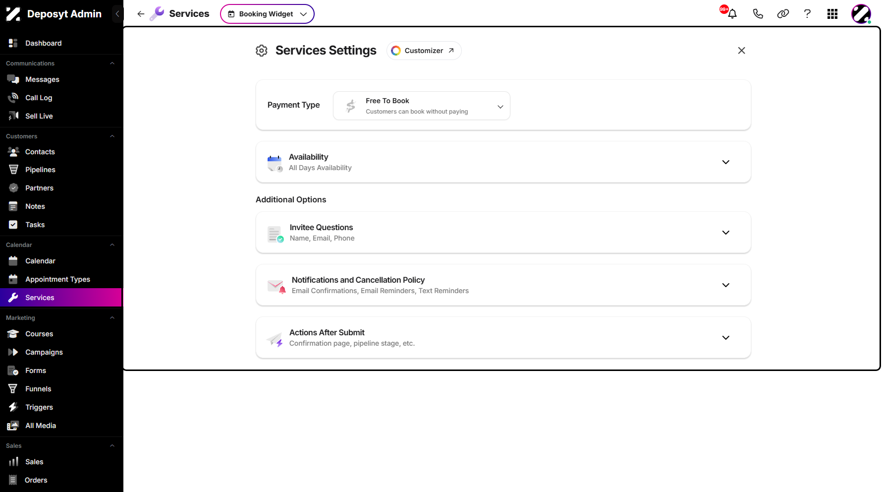 Step 4: "You will then be taken to the Services Settings section. Here, users can configure service availability, notifications, and trigger actions.
