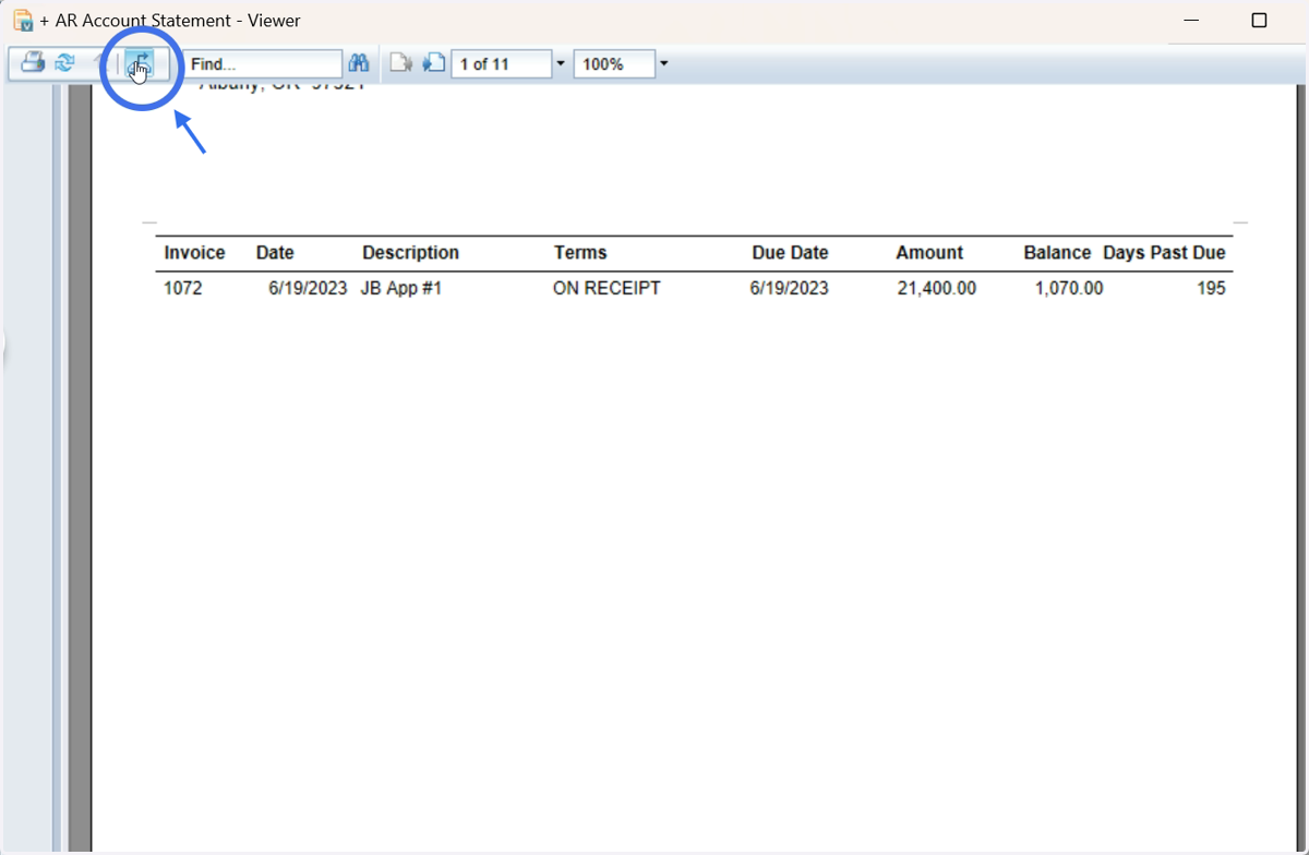 Select the export icon to export your AR Account Statement Report