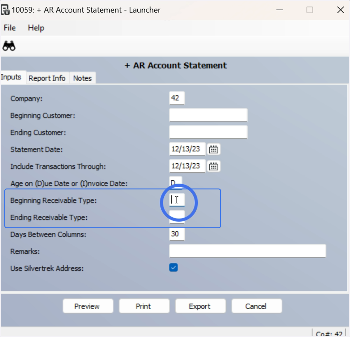 Beginning Receivable Type & Ending Receivable Type - Keep Blank