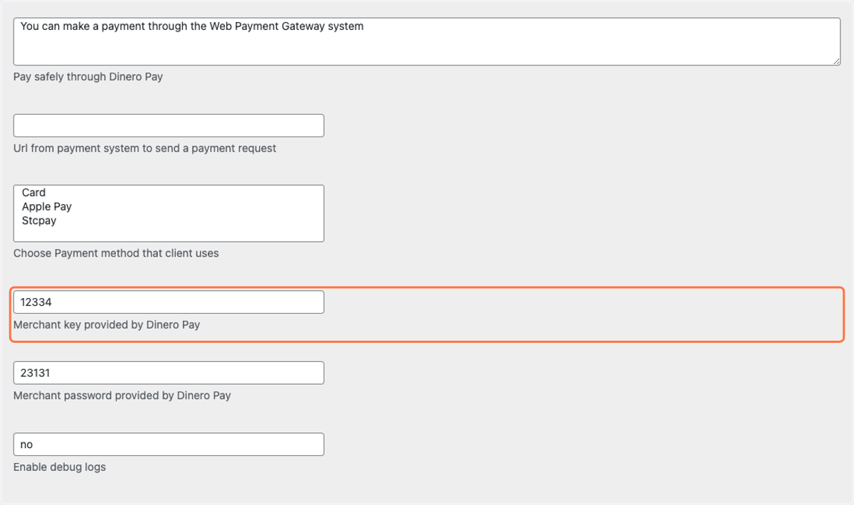Add the merchant key which will be provided by Dinero Pay