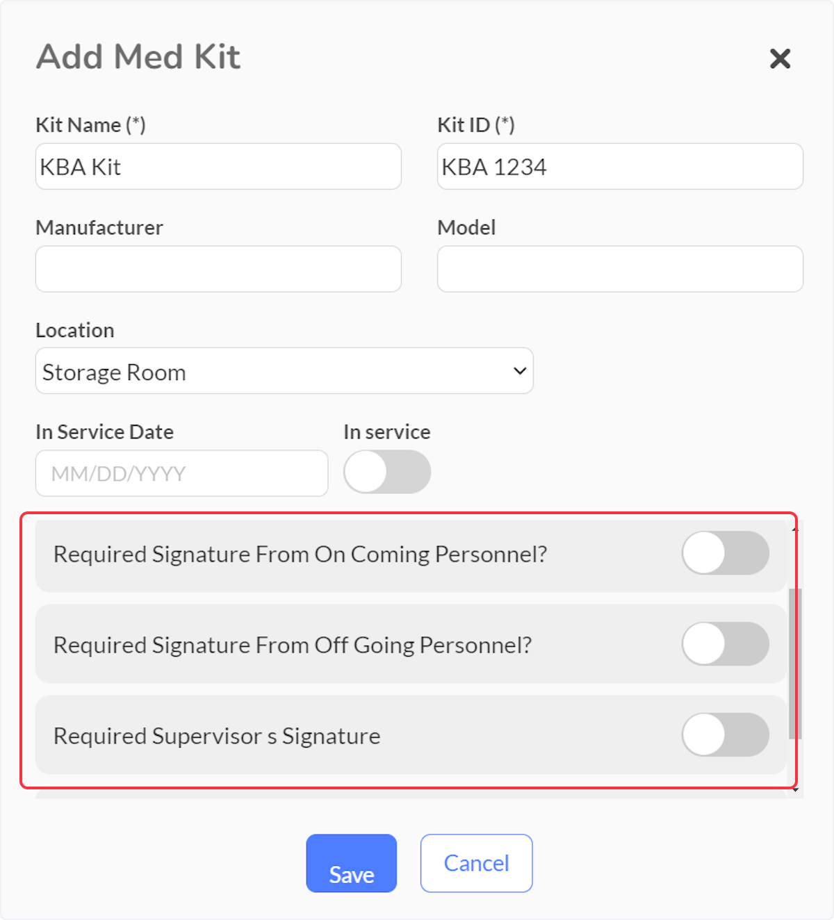 Select if Signatures are going to be required for On Coming, Off Going and a Supervisor.