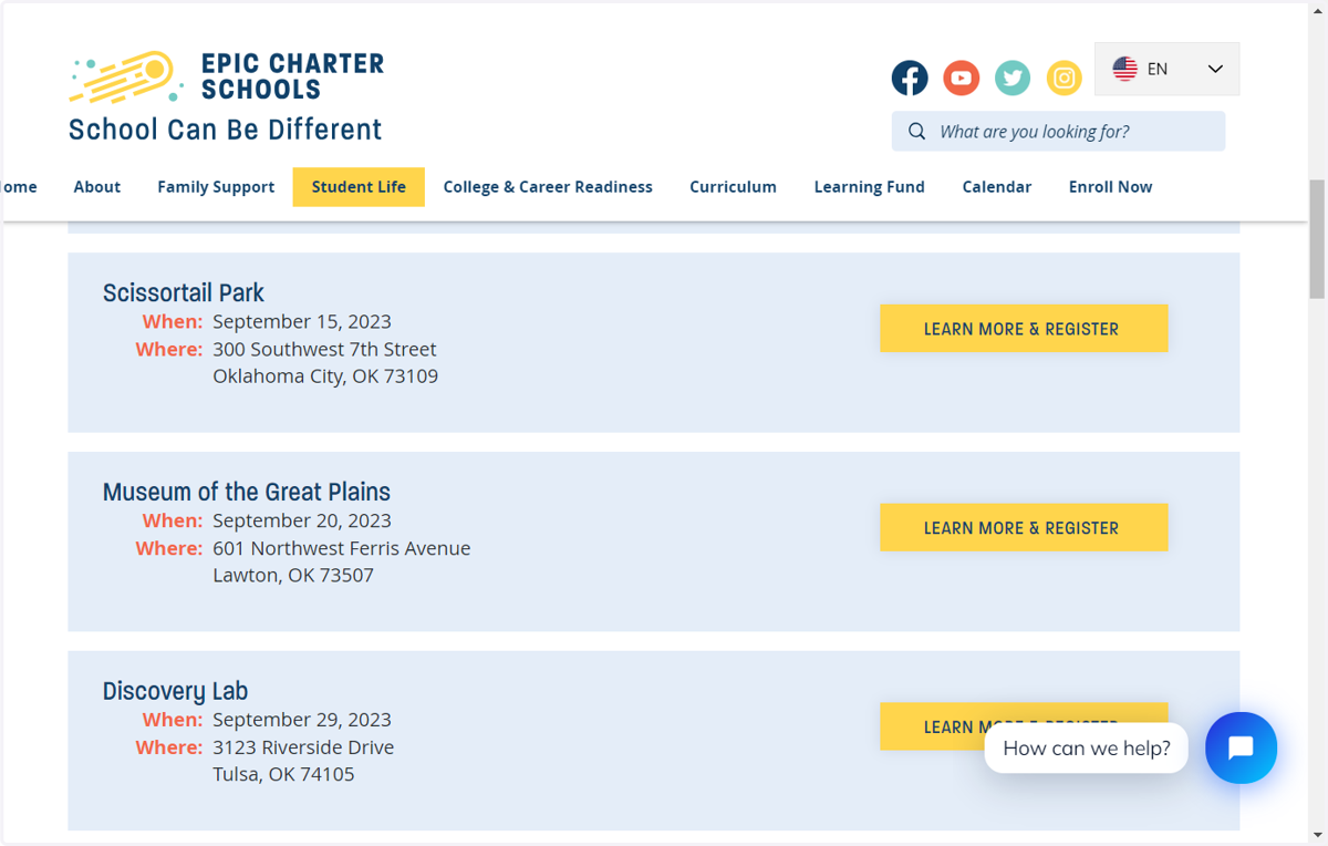 The date and location of the upcoming activities can be found on this page. To learn more about a specific event, you will click the "LEARN MORE & REGISTER" button.