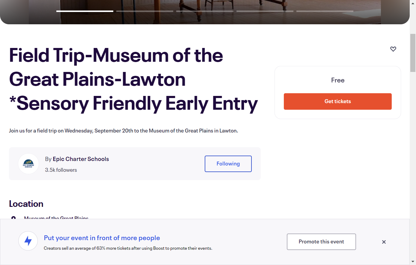 On this page, you can view the specific details of the trip, including a summary of the event, start and end times, and if there is a cost. To register for the event, click "Get Tickets".