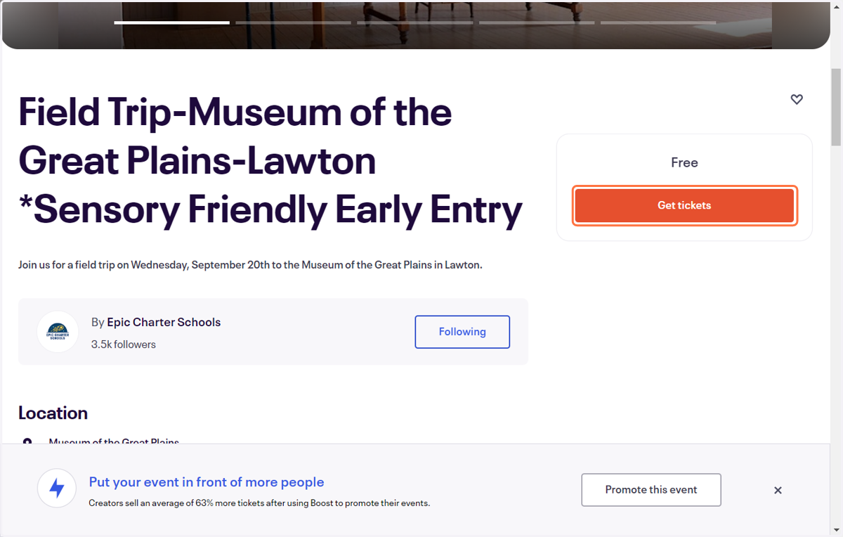 On this page, you can view the specific details of the trip, including a summary of the event, start and end times, and if there is a cost. To register for the event, click "Get Tickets".