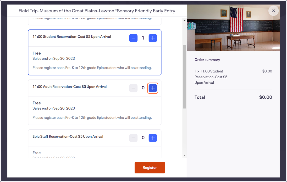 Click on the blue + to add a ticket for the adult who will attend the trip. Each adult that will attend the trip must have a ticket.