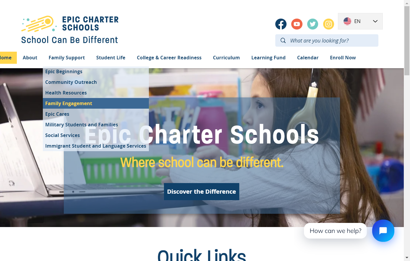 To view and register for an upcoming field trip, start on the Epic home page. Click on Family Support to view the drop-down menu and select "Family Engagement".
