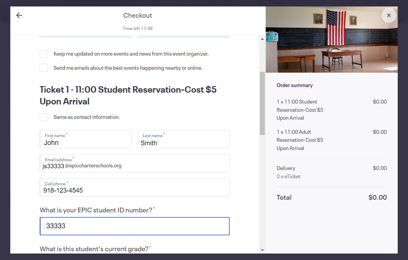 Enter the student's information. You will need the student's Epic email, a phone number (you can enter the parent's phone number), student ID number, teacher's name, current grade level, and zip code.