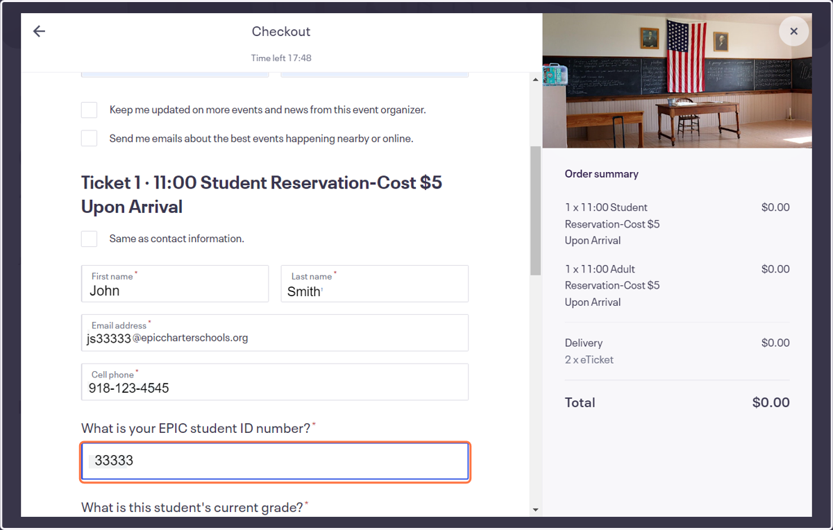Enter the student's information. You will need the student's Epic email, a phone number (you can enter the parent's phone number), student ID number, teacher's name, current grade level, and zip code.