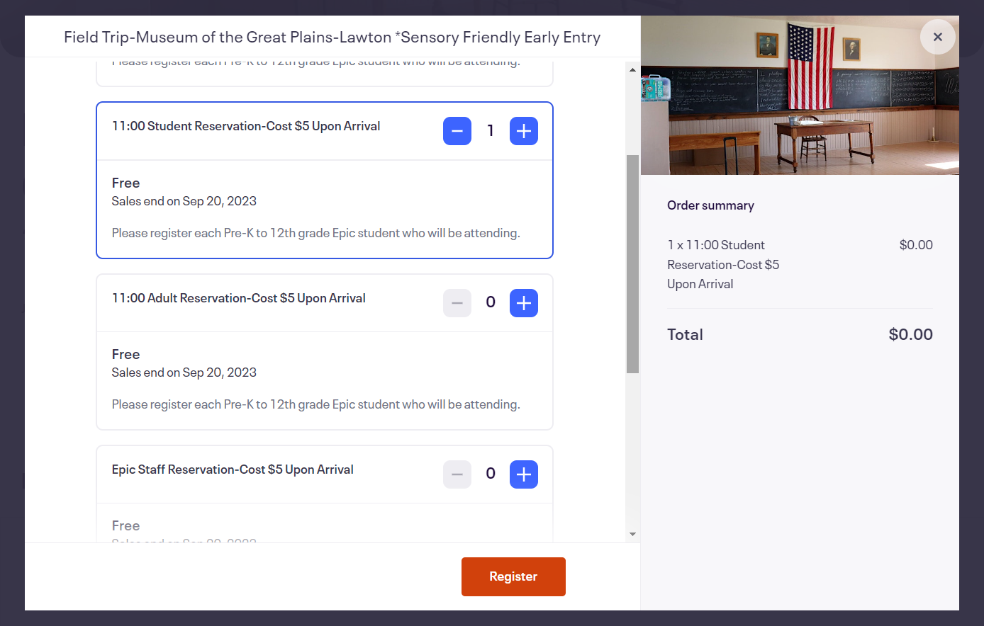Click on the blue + sign to add a student ticket. Each Epic student who will attend the field trip must have a ticket in their name.