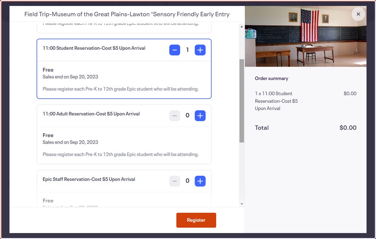 Click on the blue + sign to add a student ticket. Each Epic student who will attend the field trip must have a ticket in their name.