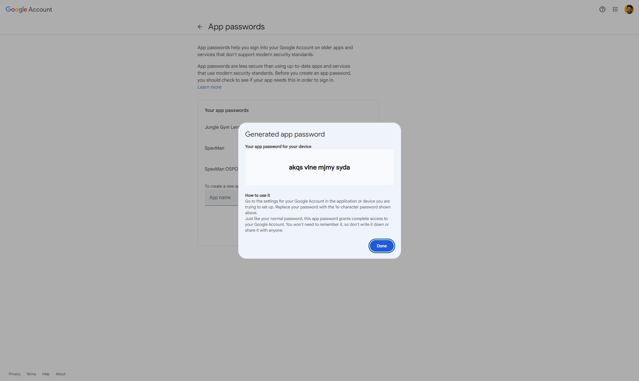 Click on Your app password for your device…