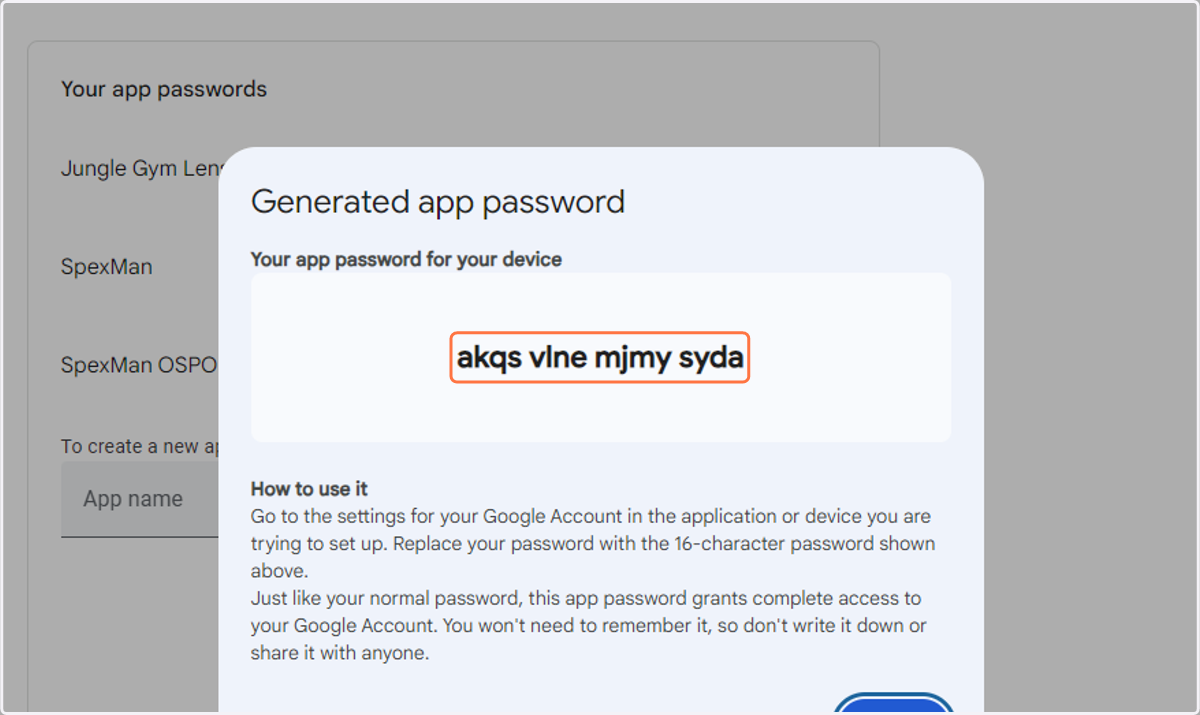 Click on Your app password for your device…
