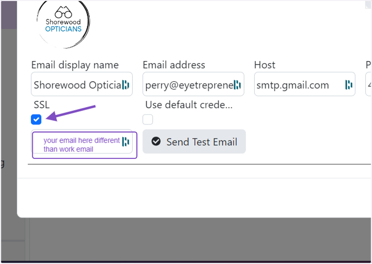 Check SSL box. Type in an email (other than your current one) to send test to.
