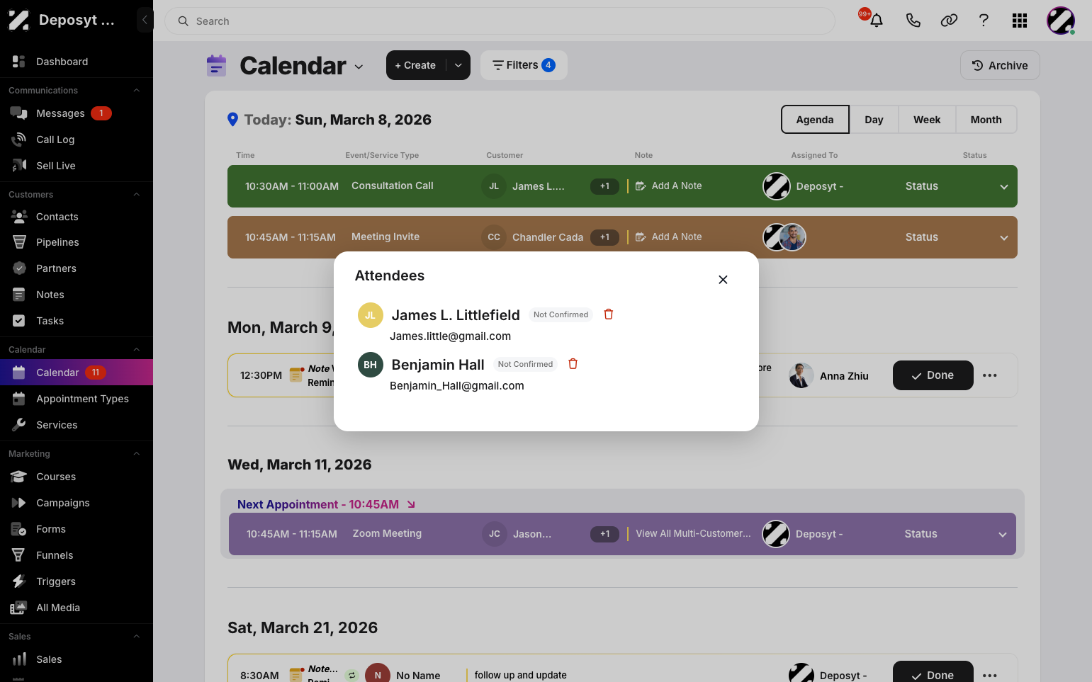 Step 3: A pop-up will appear showing all the customer attendees for that appointment, along with each attendee’s name, email, and confirmation status. You can also delete attendees from this list.