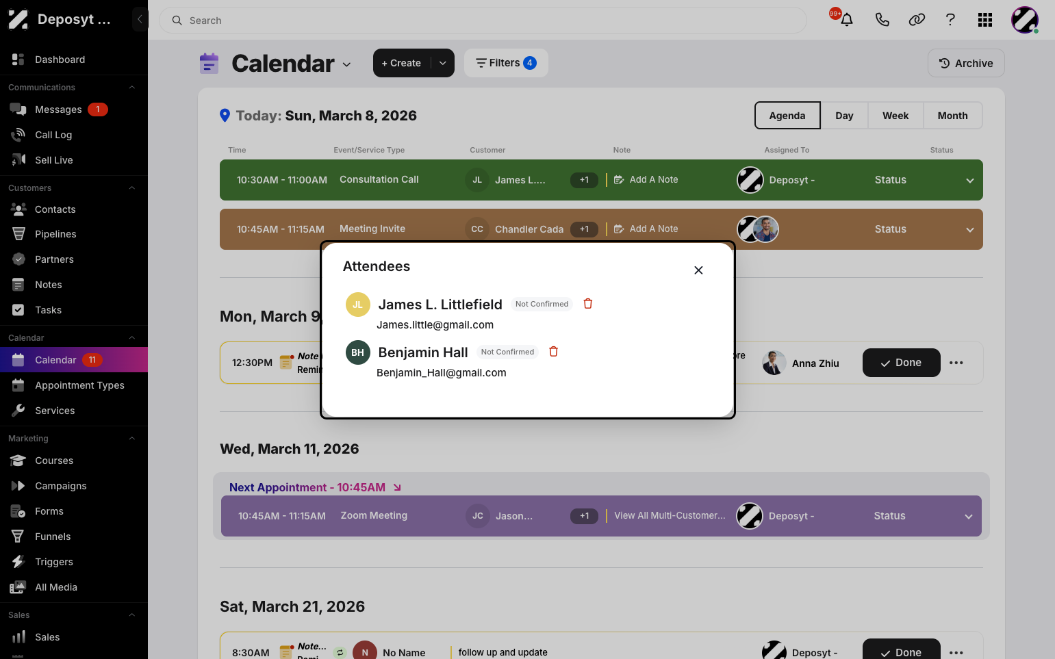 Step 3: A pop-up will appear showing all the customer attendees for that appointment, along with each attendee’s name, email, and confirmation status. You can also delete attendees from this list.