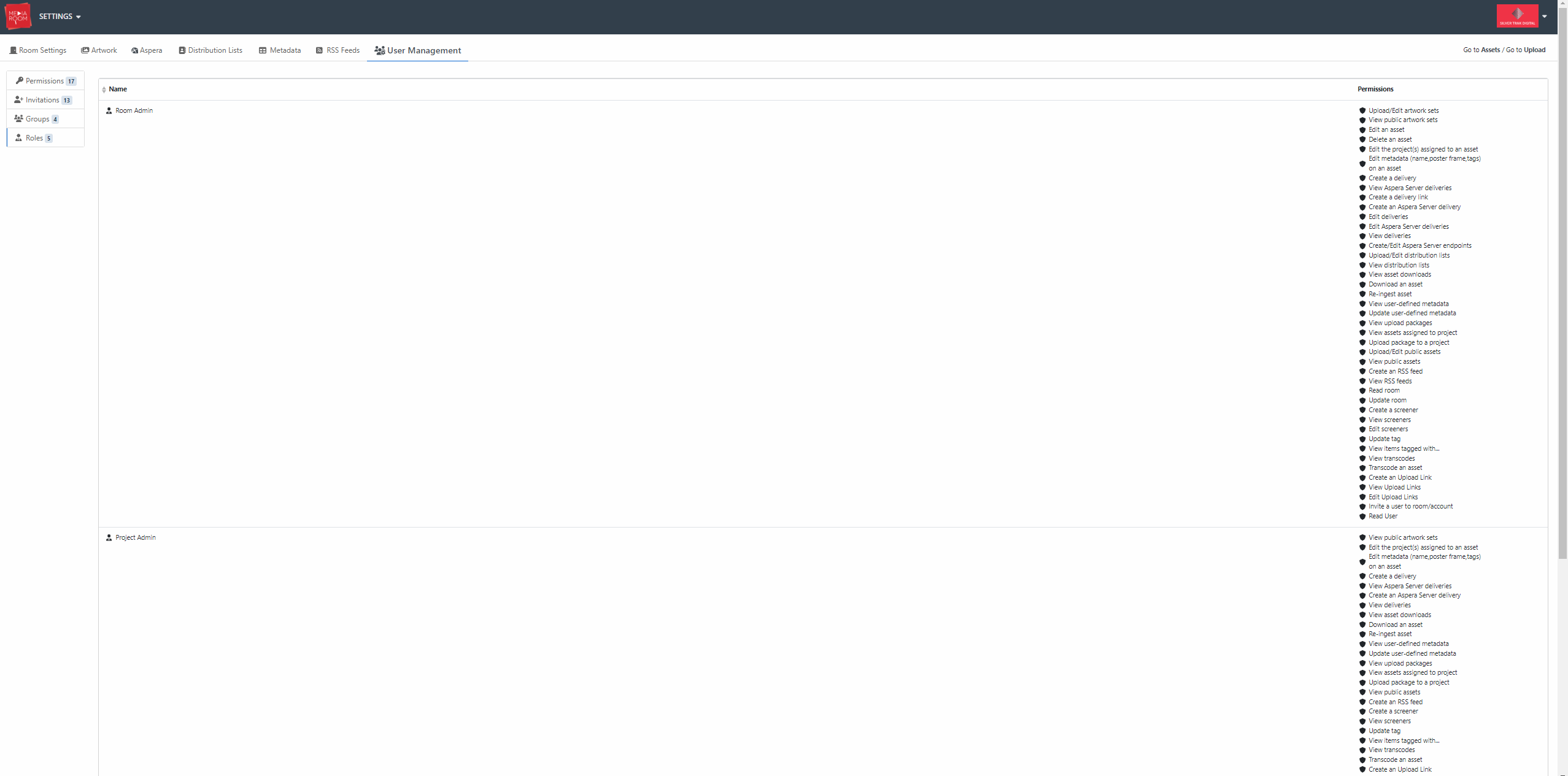 For a detailed list of room admin permissions in the User Management section, click on Roles.