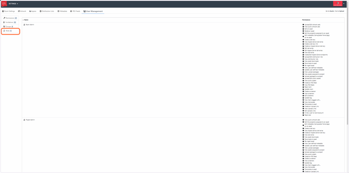 For a detailed list of room admin permissions in the User Management section, click on Roles.