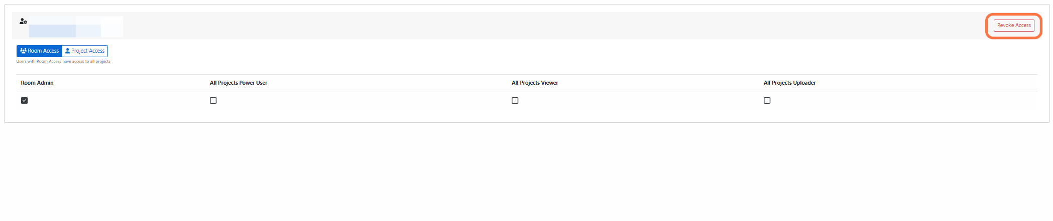 Select the preferred level of room access via the check boxes. You can also revoke a user's access via the top right hand corner's "Revoke Access" button.