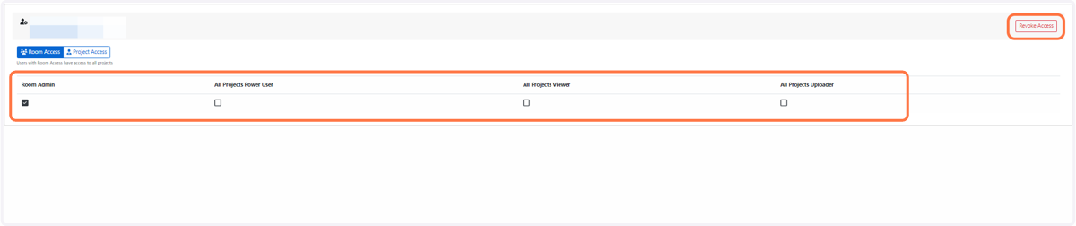 Select the preferred level of room access via the check boxes. You can also revoke a user's access via the top right hand corner's "Revoke Access" button.