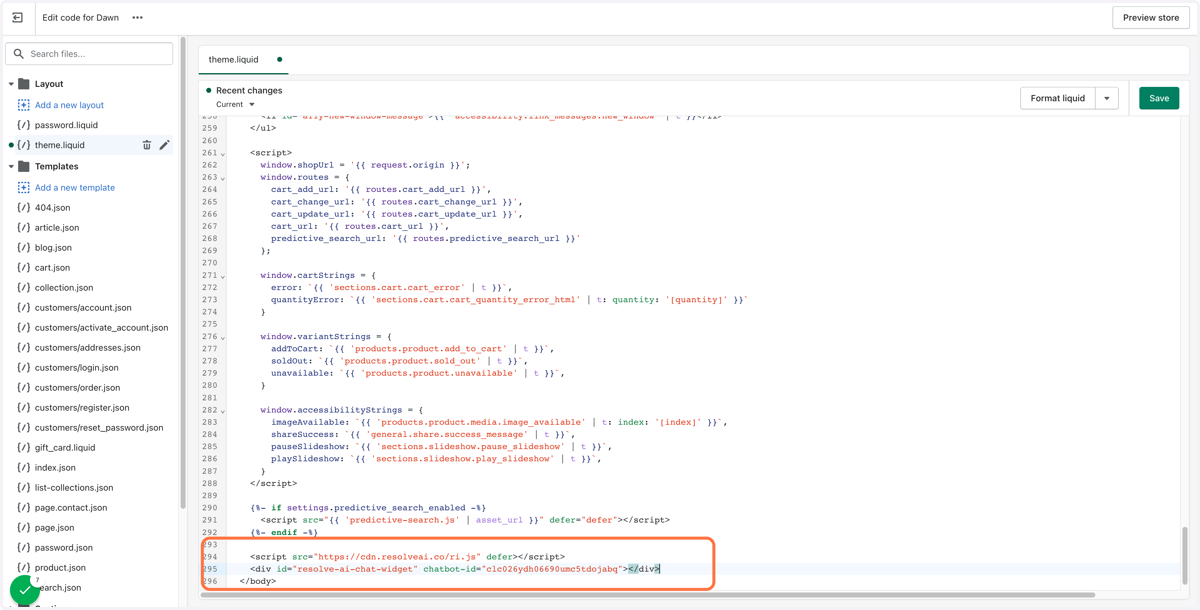 Paste selected Chatbot integration snippet at the bottom of <body> tag