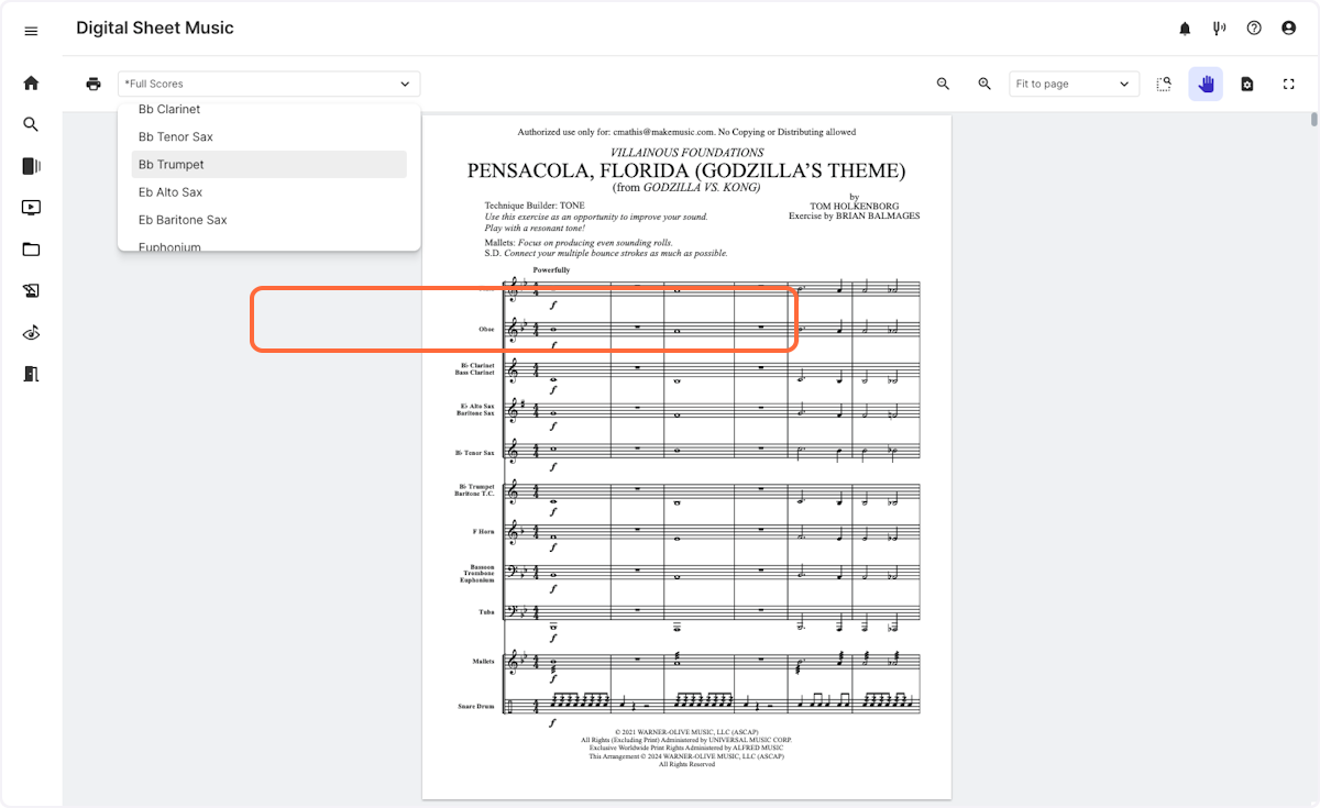 To print individual instrument parts, select an instrument from the dropdown menu.