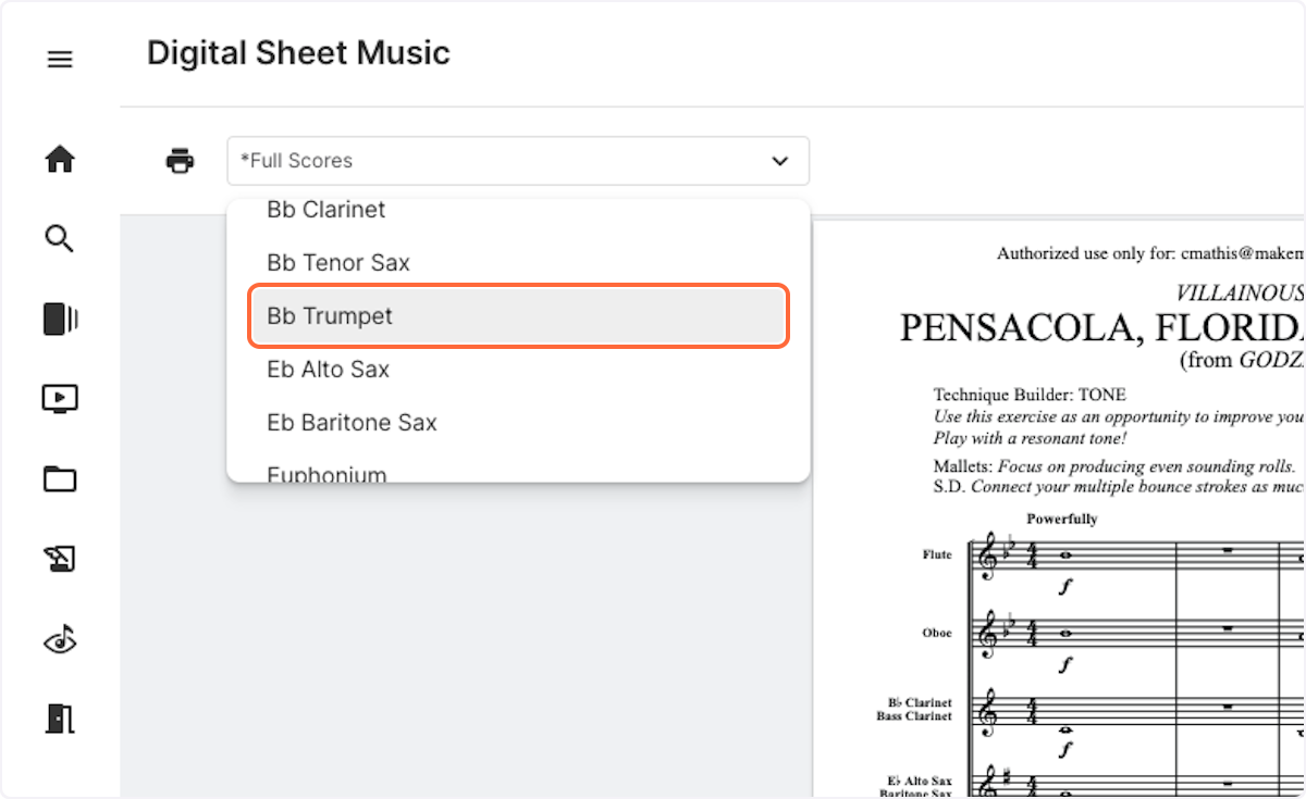 To print individual instrument parts, select an instrument from the dropdown menu.