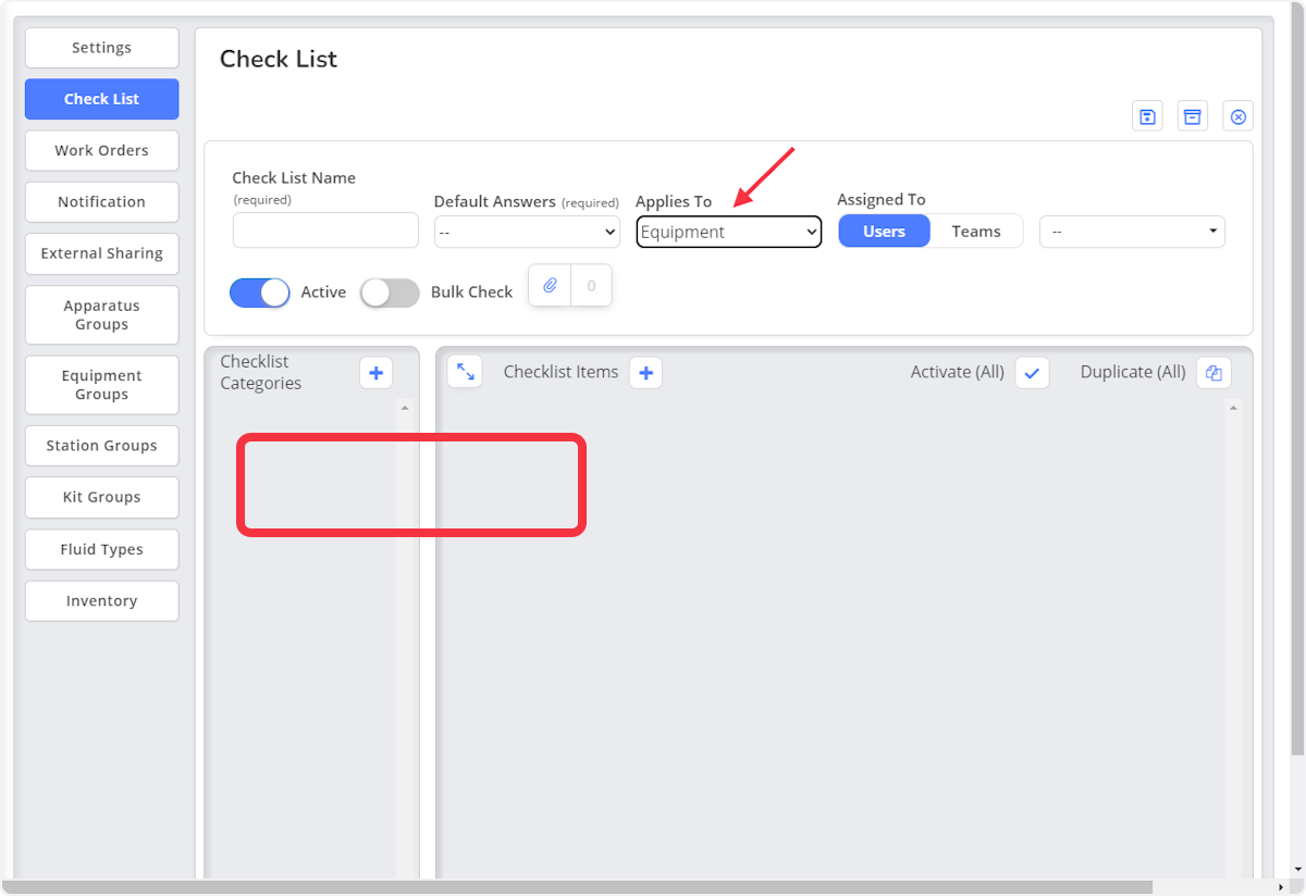 The option to enable the checklist to be used in First Due's Bulk Check function will only be available when the checklist applies to equipment. 