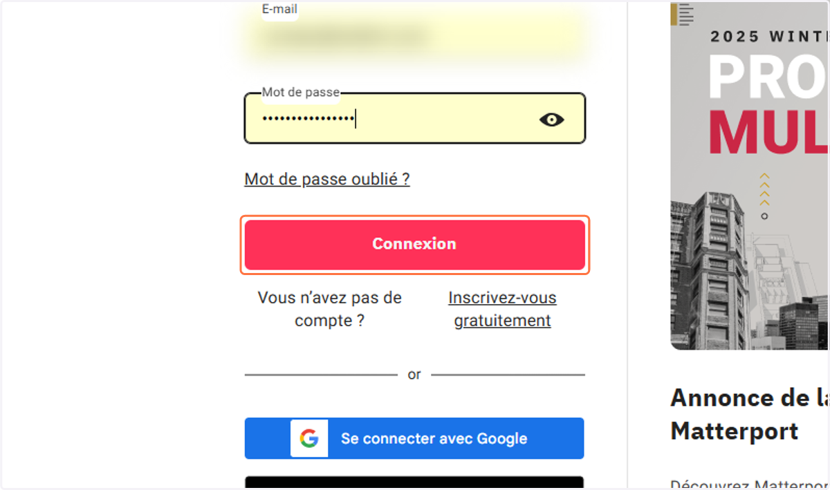 Renseigner votre email, mot de passe et cliquer sur Connexion