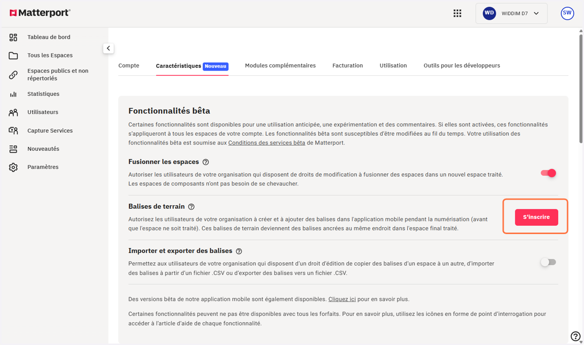 Cliquer sur S'inscrire pour les Balises de terrain