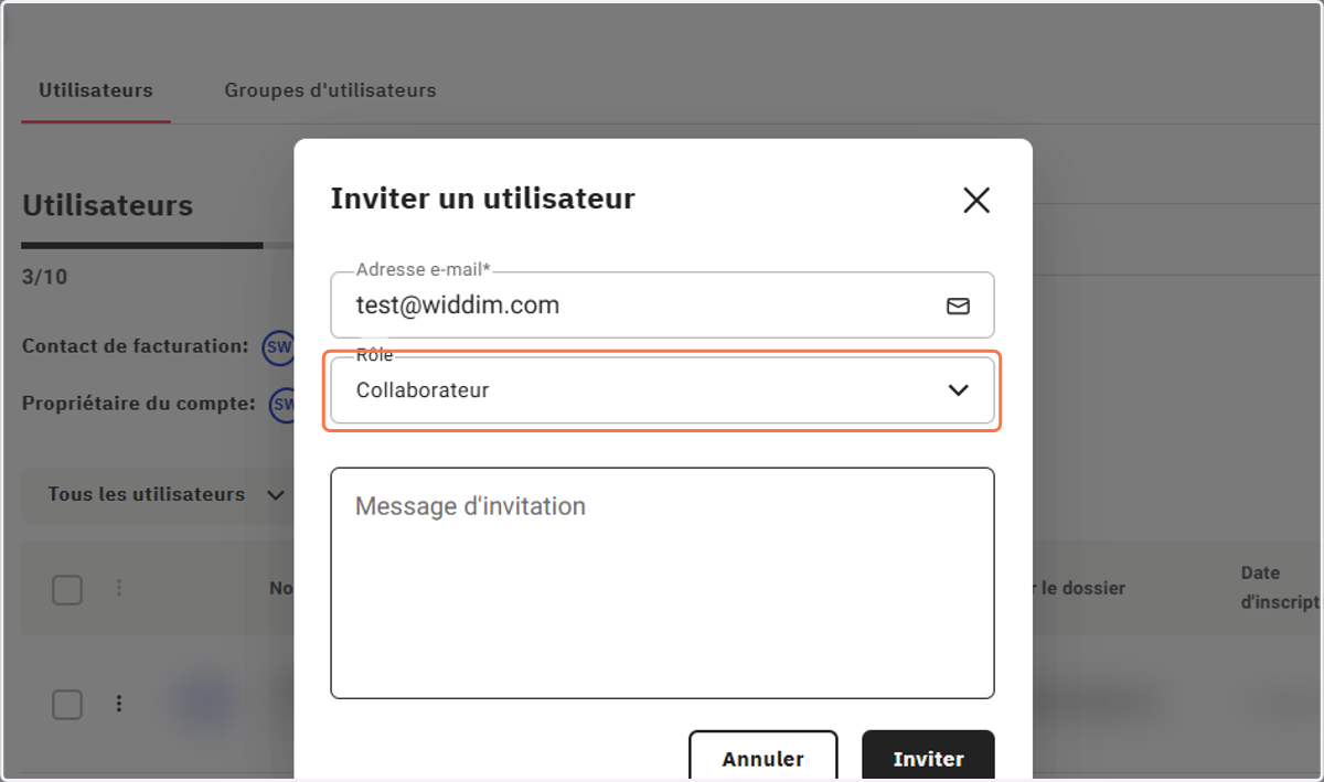 Sélectionner le Rôle de l'utilisateur Administrateur / Collaborateur