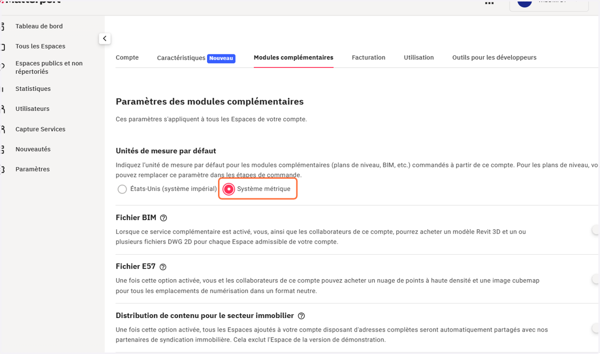 Sélectionner Système métrique