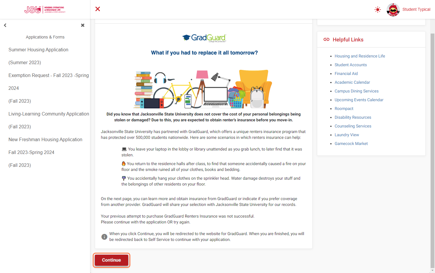 GradGuard Renters Insurance Optional Plan - Decline or Enroll in Coverage